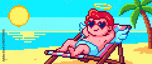 Funny pixelated cherub character sunbathing on a lounge chair at a tropical beach, wearing heart-shaped sunglasses in a vibrant retro 8-bit video game art style