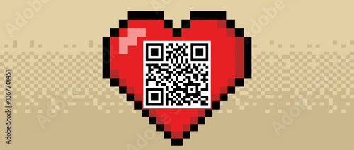 Red pixel art heart with a scannable QR code in the center, representing digital love and modern romance in a retro 8-bit video game style illustration