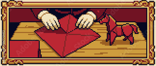 Pixel art illustration of gloved hands carefully folding red origami paper on a wooden desk, with a completed horse figure nearby in a vintage, ornate frame