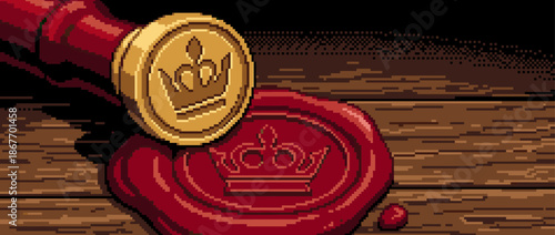 Golden wax seal stamper with a crown making a red impression on a wooden desk in a detailed pixel art style, reminiscent of classic 8-bit or 16-bit retro video games