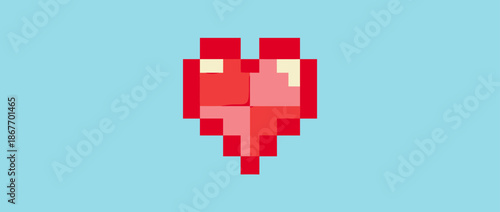 Pixelated red heart with pink shading in a retro 8-bit style symbolizes love, health, and life, reminiscent of a classic vintage video game graphic