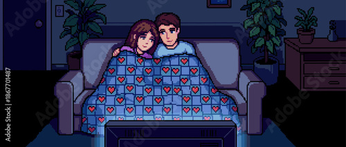 Romantic pixel art couple cuddling on a couch under a heart-patterned blanket while watching television together in a cozy, dimly lit living room at night