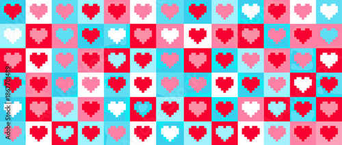 Pixelated hearts pattern in a colorful grid of red, pink, and blue squares creates a romantic and retro 8-bit digital art illustration for a lovely Valentine's Day concept