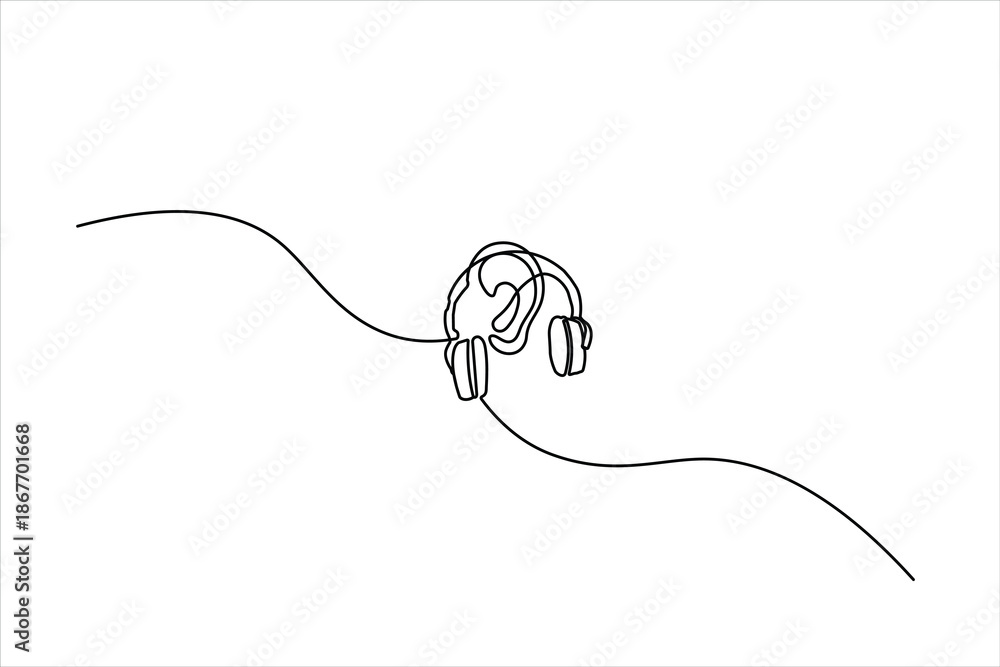 Obraz premium Continuous one-line drawing of an ear protection symbol. Minimalist icon for hearing safety and earmuffs. Simple black line art on a white background.