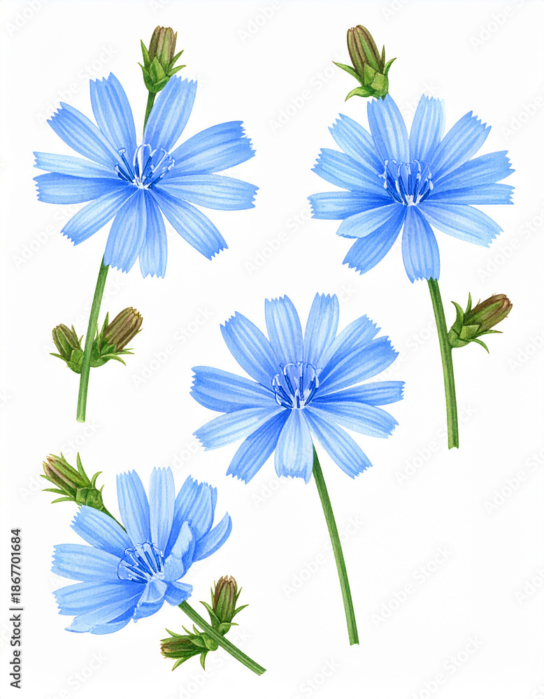 Fototapeta premium blue chicory flower isolated on white background - plants for natural healing illustration