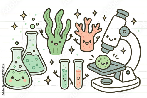 Whimsical Marine Lab. Cute doodle marine biotechnology lab with smiling microscopes, cartoon algae and coral samples waving,