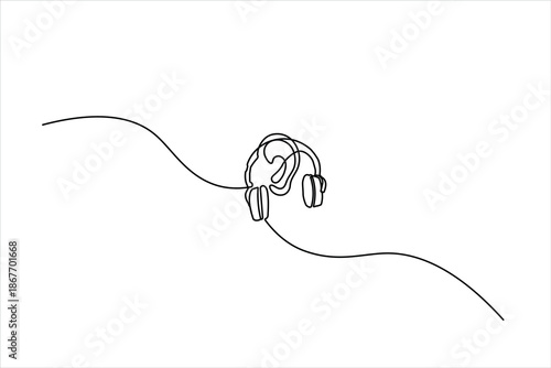 Continuous one-line drawing of an ear protection symbol. Minimalist icon for hearing safety and earmuffs. Simple black line art on a white background.