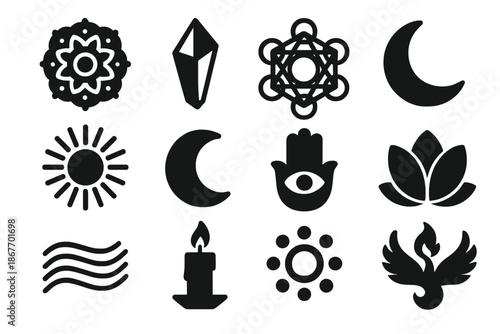 Visionary Symbols Icons. Solid style icons of Visionary Symbols: Mandala, Crystal Shard, Sacred Geometry, Radiant Sun, Crescent