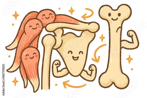 Joyful Shoulder Mechanics. Joyful doodle shoulder mechanics illustration with happy rotator cuff muscles, cartoon bones with faces