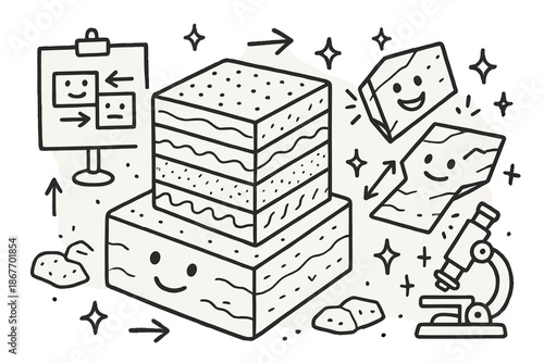 Playful Tectonic Doodles. Whimsical doodle tectonophysics lab with smiling rock layers, cartoon faults with faces, tiny arrows