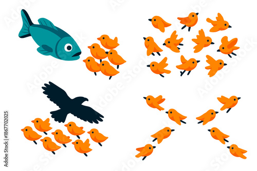 Predator Evasion Tactics. Isometric vector illustration set Predator Evasion Tactics: Flash mob flight, evasive scatter burst,