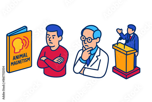 Animal Magnetism Icons. Isometric vector illustration set Animal Magnetism Critics: Satirical pamphlet icon, crossed-arm observer,