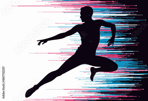 Silhouette of a Dancer in Midair Against a Dynamic Colorful Geometric Background Illustrating Energy, Movement, and Artistic Expression