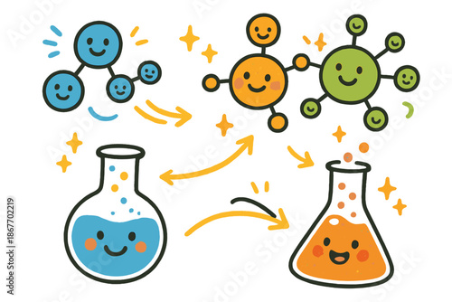 Joyful Chemistry Diagram. Joyful doodle color chemistry diagram with happy molecules, cartoon pigments reacting, cheerful flasks