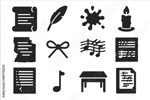 Composer's Icon Set. Solid style icons of Faded compositions: manuscript scroll, quill pen, ink blot, candle stub, torn page,
