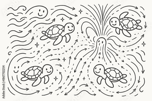 Joyful Turtle Adventure. Joyful doodle ocean migration route with happy sea turtles, cartoon currents smiling, magnetic field