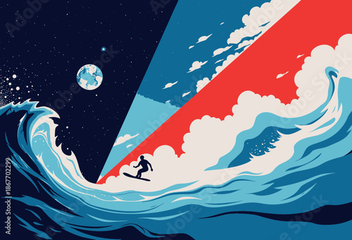 Dynamic Surfer Riding Ocean Waves Under a Colorful Cosmic Sky Blending Day and Night with the Earth Hovering in the Celestial Background Creating a Sense of Adventure