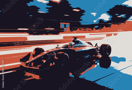 High-speed race car speeding through a vibrant, illuminated night track, showcasing cutting-edge aerodynamics and advanced motor racing technology