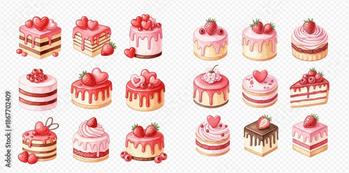 Collection of various watercolor strawberry cakes and pastries for sweet dessert designs.