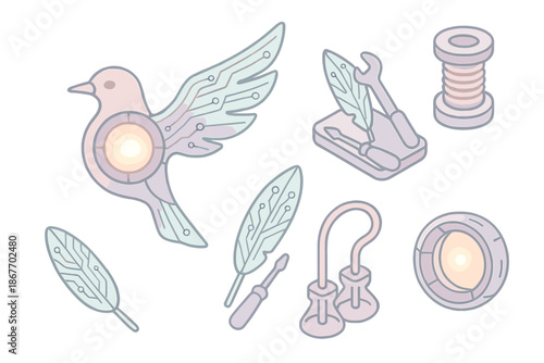 Technorganic Flight Core. Isometric vector illustration set Technorganic Flight Core: glowing bird reactor, wing assembly tools,