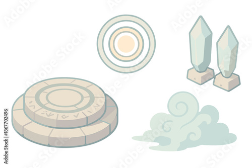 Ancient Frequency Altar Design. Isometric vector illustration set Ancient Frequency Altar: circular stone dais, resonant rings,