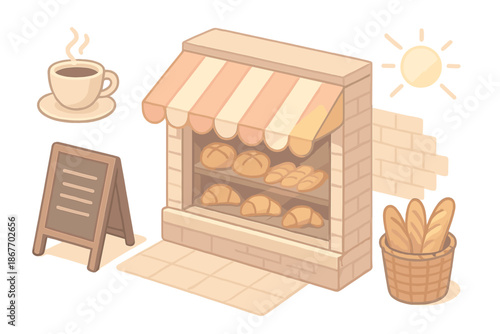 Street Bakery Scene. Isometric vector illustration set Street Bakery Scene: striped awning, chalkboard menu, bread baskets,
