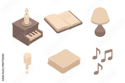 Shadow Sonata Corner. Isometric vector illustration set Shadow Sonata Corner: single candle on piano, open notebook, falling wax,