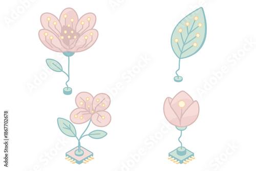Blooming Circuit Garden. Isometric vector illustration set of Blooming Circuit Garden: flower with circuit petal lines, electric