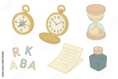 Time and Thought Set. Isometric vector illustration set of Time and Thought: magnetic compass, open pocket watch, sand falling