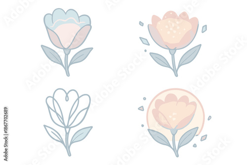 Electric Floral Portrait. Isometric vector illustration set of Electric Nature Portrait: flower silhouette filled with light,