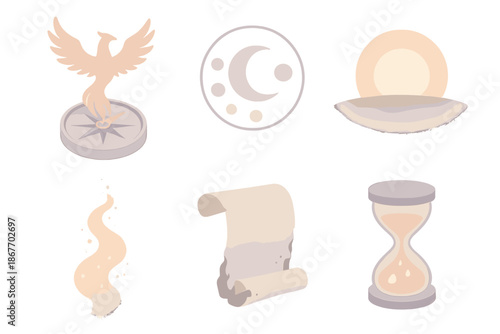 Celestial Rebirth Icons. Isometric vector illustration set of Celestial Rebirth Theme: phoenix silhouette rising from compass,