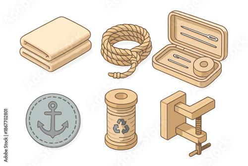 Nautical Upcycling Workshop Tools. Isometric vector illustration set of Nautical Upcycling Workshop: folded canvas cloth, rope