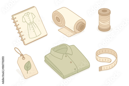 Sustainable Fashion Icons. Isometric vector illustration set of Sustainable Fashion Journey: sketchbook with garment design,