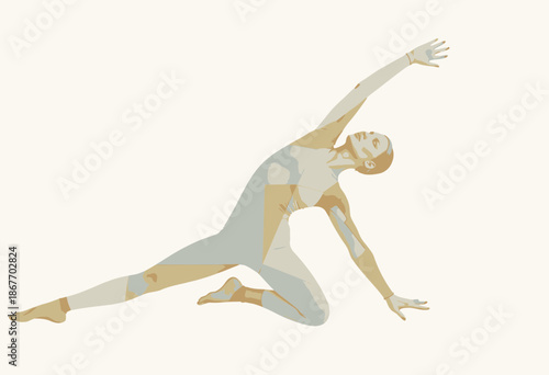 Elegant Modern Dance Pose in a Geometric Pattern Bodysuit Emphasizing Grace and Flexibility Against a Minimalist Light Background