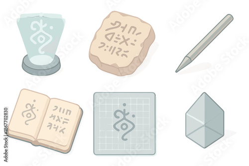 Cryptic Script Icons. Isometric vector illustration set of Cryptic Script Laboratory: glowing symbol projection, coded clay