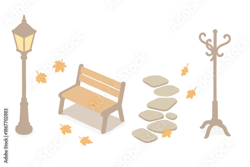 Autumn Street Scene. Isometric vector illustration set of Autumn Fog Street: golden lamplight, falling leaves, stone path, empty