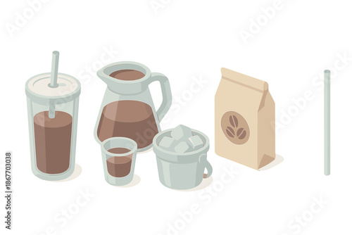 Cold Brew Essentials. Isometric vector illustration set of Café Cold Brew Ritual: double-wall tumbler, brew jug, shot glass, ice