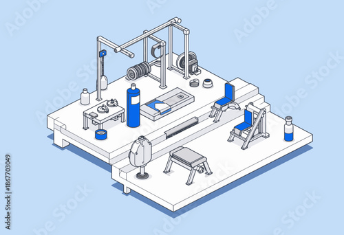Illustrated Isometric Gym Setup Featuring Various Workout Equipment for a Comprehensive Fitness Experience in a Minimalist Style