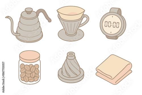 Specialty Coffee Tools. Isometric vector illustration set of Specialty Coffee Process: bloom kettle, paper filter dripper, timer
