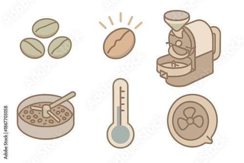 Coffee Roasting Stages. Isometric vector illustration set Coffee Roasting Stages: green coffee beans, first crack icon, roasting