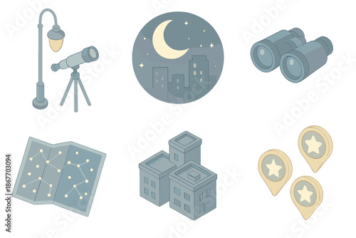Urban Night Sky. Isometric vector illustration set Streetlight Astronomy: telescope beside lamppost, crescent moon above skyline,