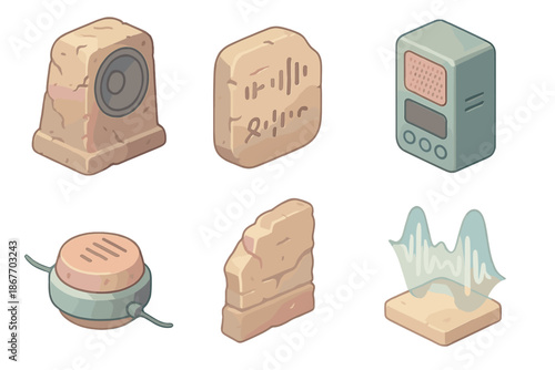 Sonic Ruins Artifacts. Isometric vector illustration set Sonic Ruins Lab: weathered artifact speaker, clay tablet with sound