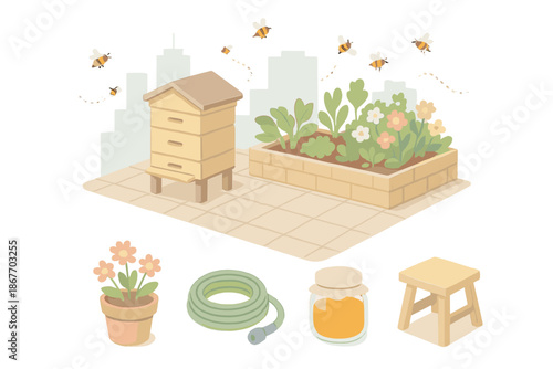 City Garden Apiary. Isometric vector illustration set City Garden Apiary: hive near rooftop garden, flower pots, watering hose,