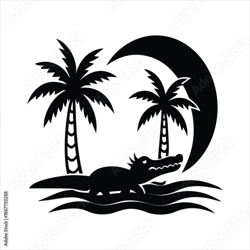 Palm Tree Crocodile Sunset Silhouette Art
