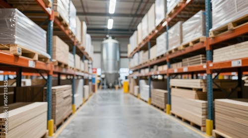Wallpaper Mural Blurred warehouse interior featuring stacked products on shelving units Torontodigital.ca