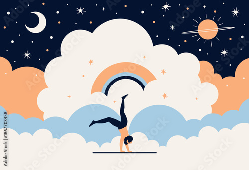 Stylized Illustration of Person Practicing Yoga Handstand Among Clouds, Rainbow, Stars, and Celestial Bodies in a Night Sky Setting