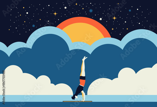 Balancing Elegantly in a Handstand Amidst a Vibrant Sunrise Beneath a Starlit Sky with Clouds Creating a Serene and Majestic Outdoor Ambiance