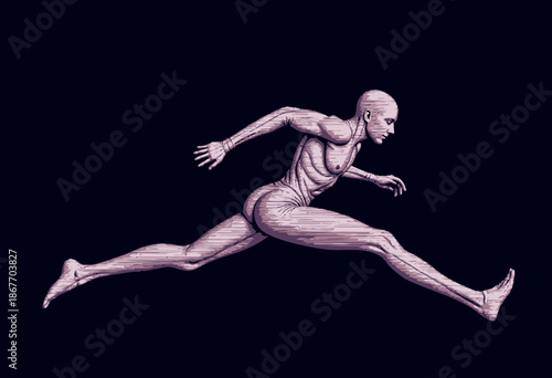 Dynamic Anatomical Illustration of a Human Figure in Motion Capturing Muscular Structure and Kinetic Energy in a Stylized Digital Art Form