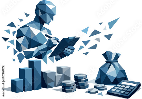 Abstract Cost Analysis. Low-poly vector illustration focused on a breakdown of service-related deductions, faceted polygonal