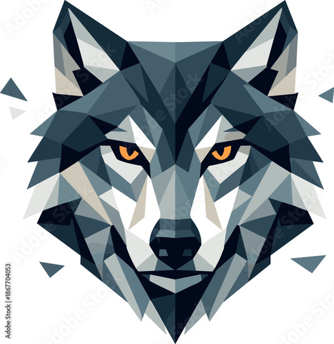 Stylized Polygonal Wolf. Low-poly vector illustration focused on a stylized wolf head facing forward, angular polygonal